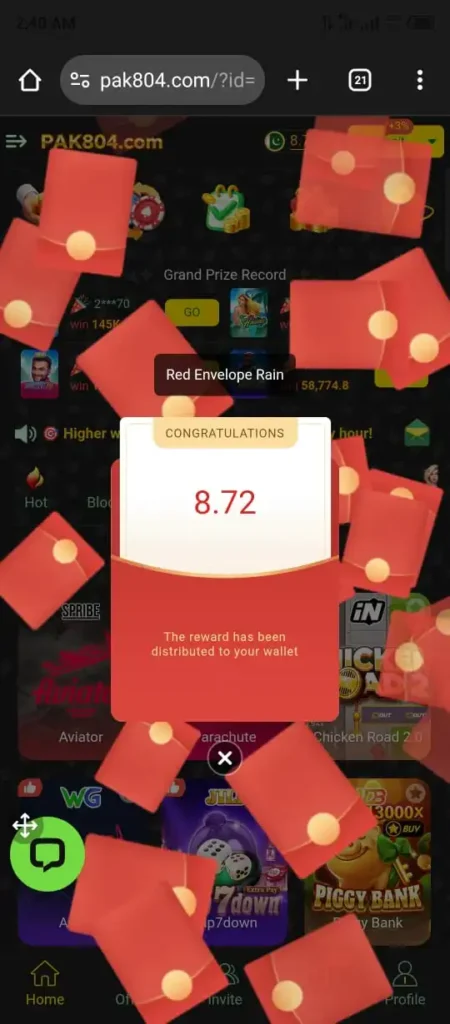 PAK804 Game sign up bonus screenshot displaying free coins for new users